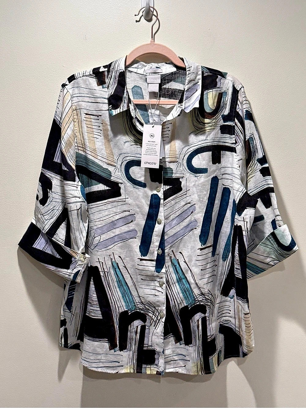 NWT Chico’s No Iron 100% Linen Abstract Art Print Shirt Size 3 16